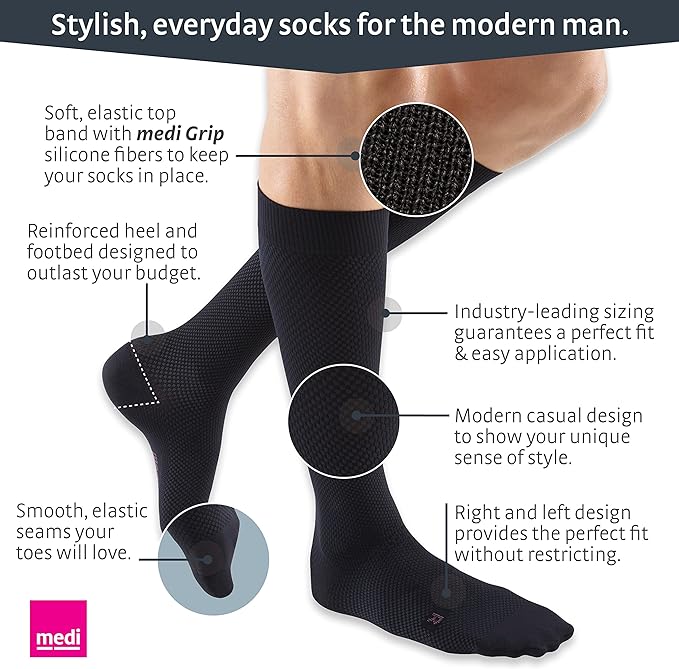 Men's black knee-high compression socks shown on a leg with callout labels highlighting elastic top band, reinforced heel
