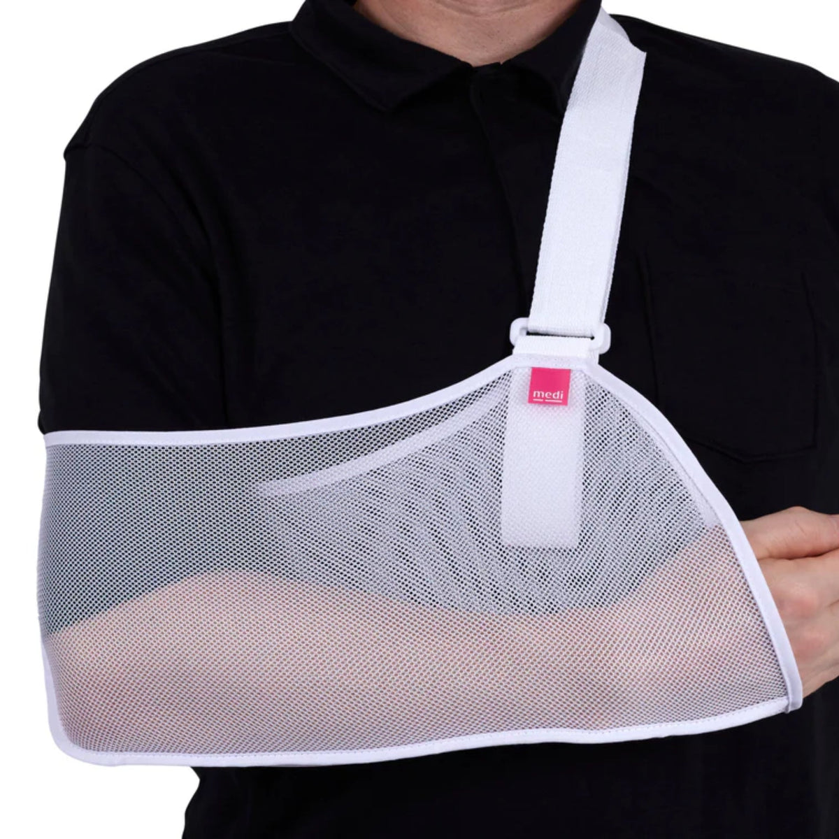 Arm sling with white mesh fabric and adjustable shoulder strap, worn by a person in a black shirt