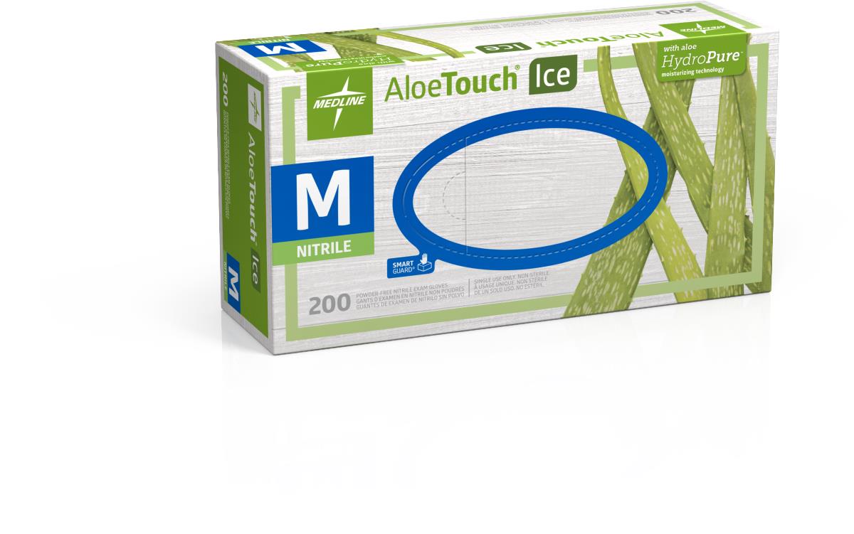Nitrile exam gloves box, medium size, 200 count, green and white packaging with aloe plant design