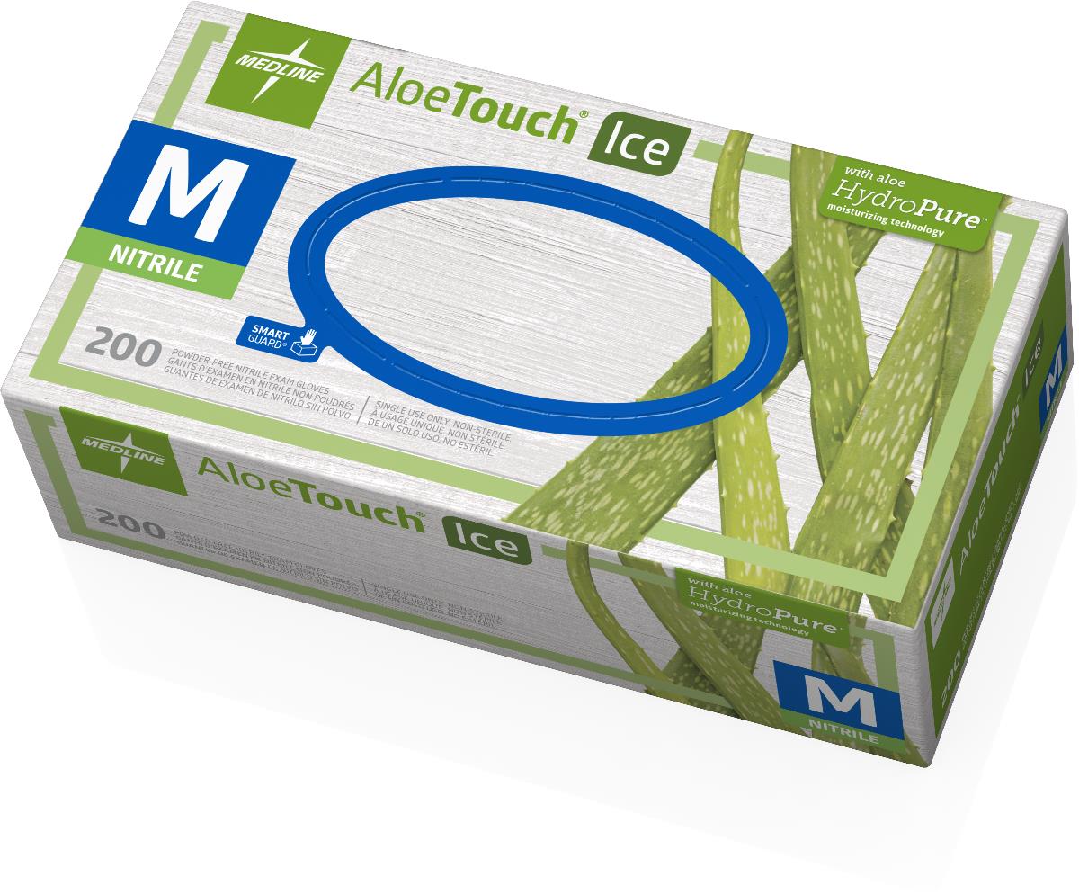 Box of Medline AloeTouch Ice powder-free nitrile exam gloves, size medium, 200 count, with aloe vera plant graphics