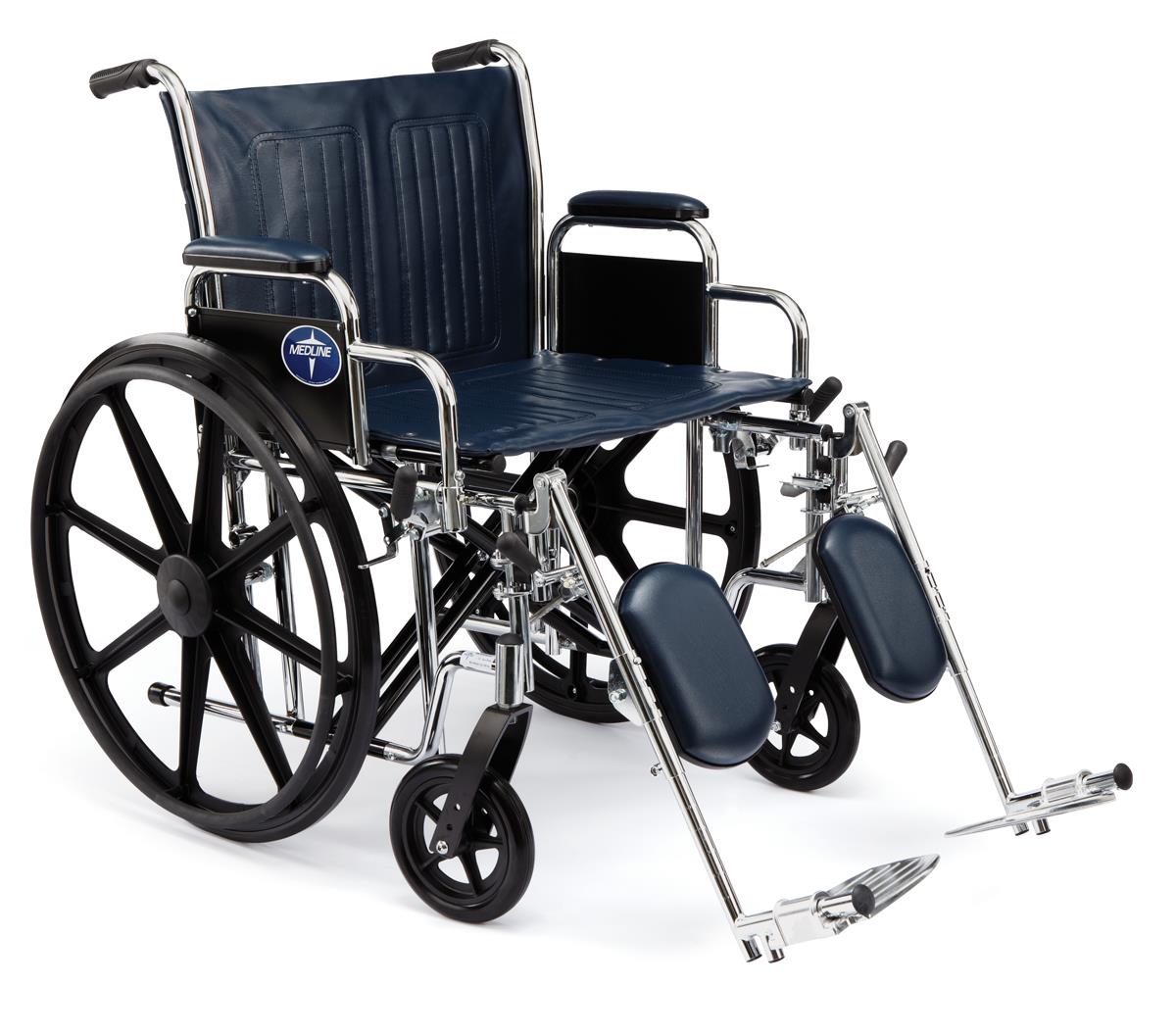 Wheelchair with navy blue vinyl upholstery, chrome frame, large rear wheels, padded armrests, and elevating leg rests