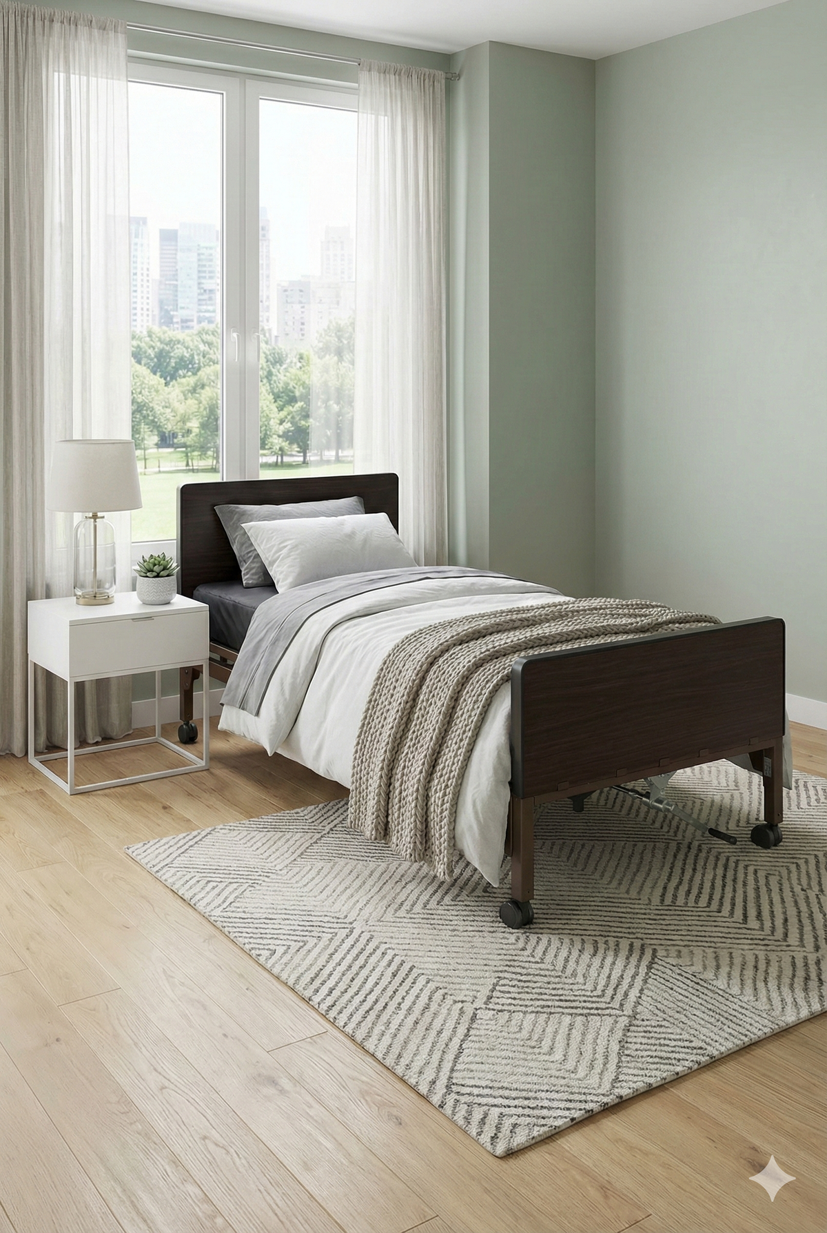 Hospital bed with dark wood-finish headboard and footboard on casters, dressed with white bedding and a knit throw, in a