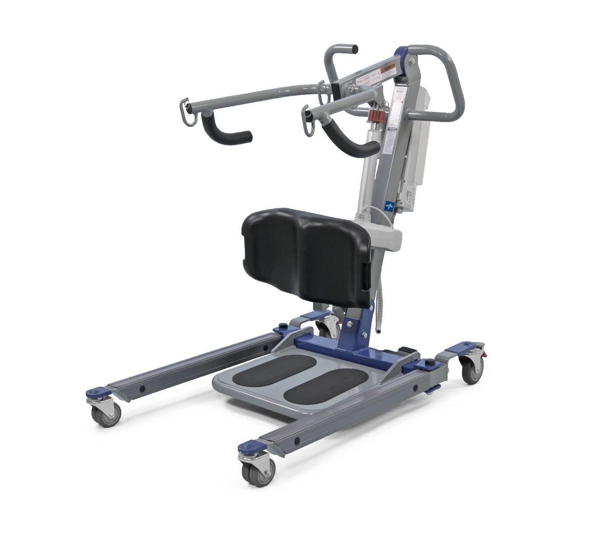 Electric stand assist lift with padded knee support, grab bars, foot platforms, and wheeled base in gray and blue