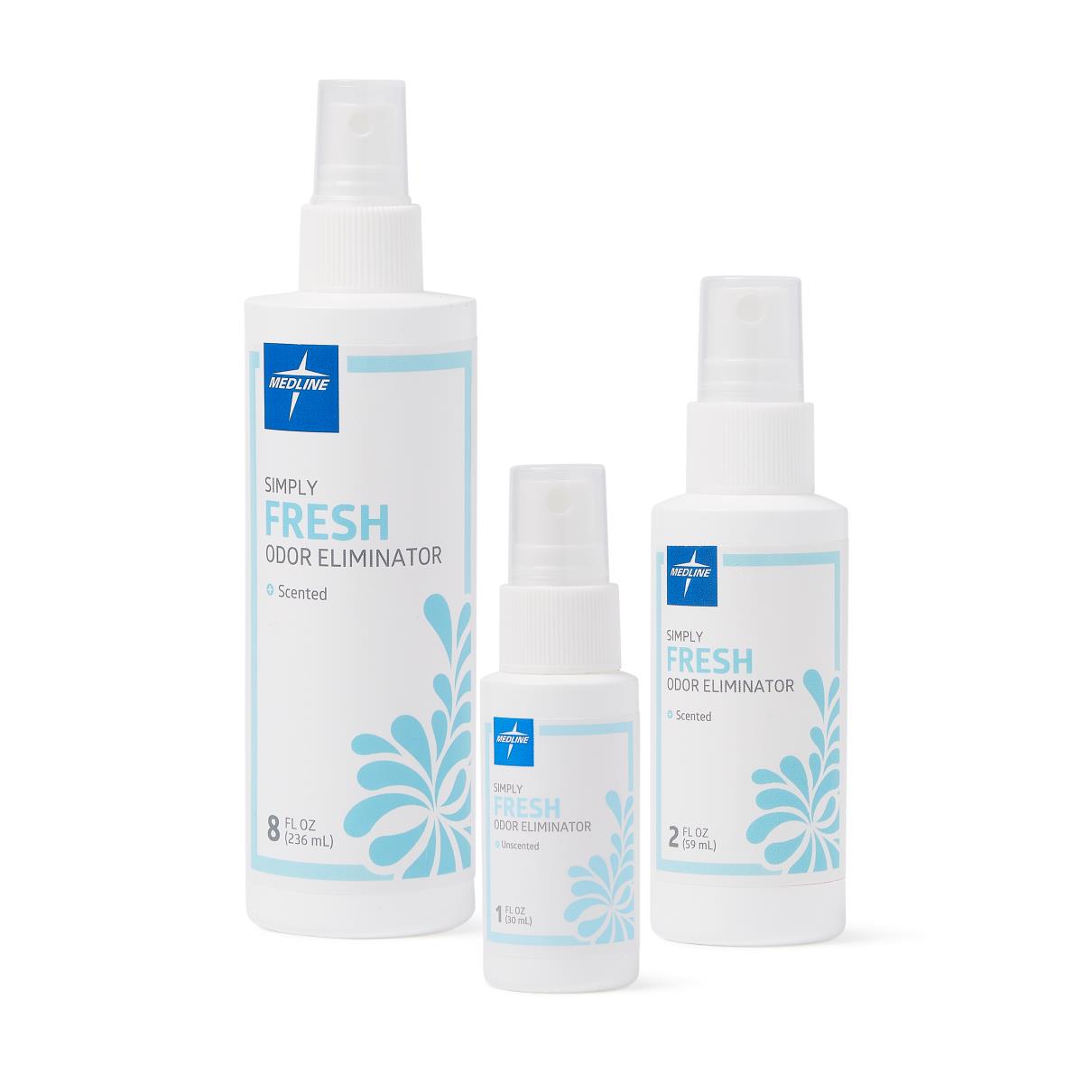 Odor eliminator spray bottles in three sizes with white pump tops and light blue floral design on white background