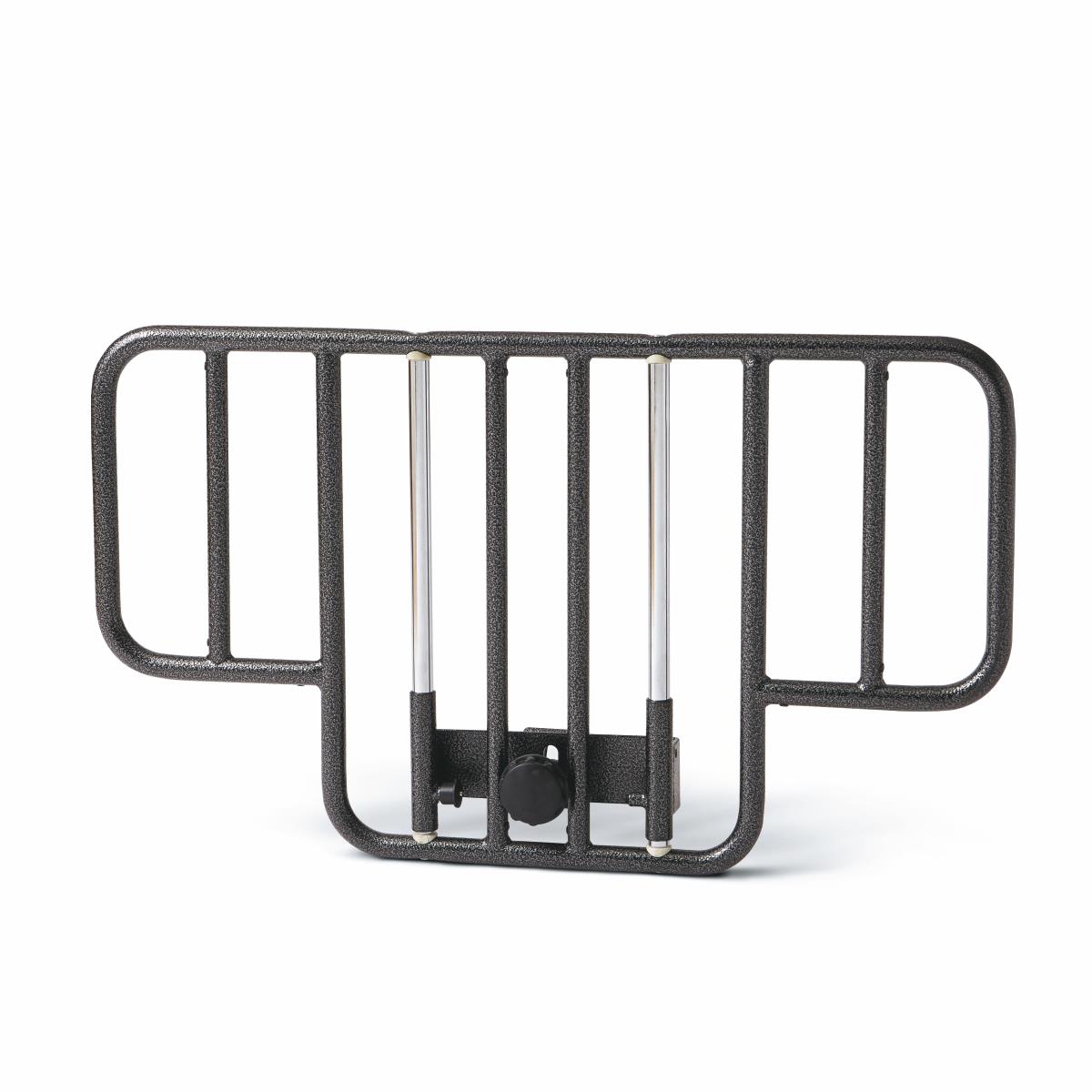 Half-length bed rail in dark textured metal with chrome telescoping adjustment bars and a center locking knob, on white