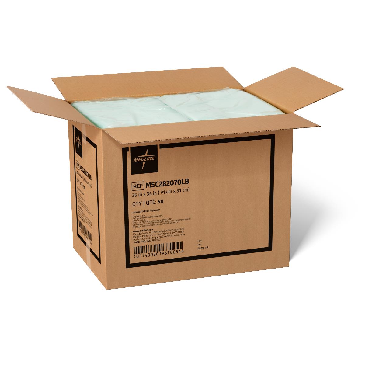 Underpads bulk case of 50 open cardboard box showing stacked light green quilted disposable pads inside
