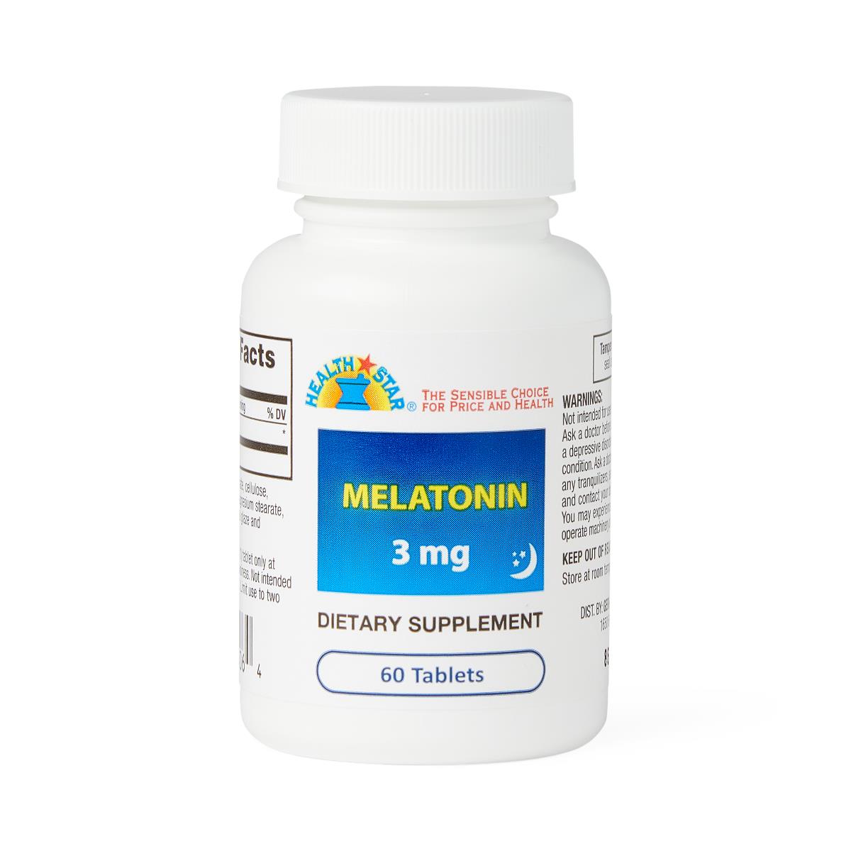 Melatonin 3 mg dietary supplement tablet bottle, 60 count, white plastic with blue label