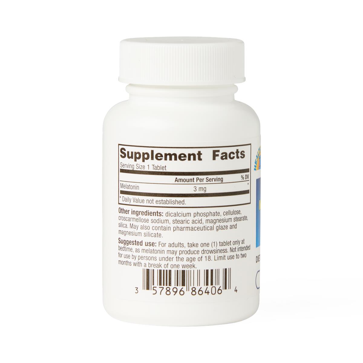 Melatonin 3 mg dietary supplement tablets in a white plastic bottle showing supplement facts label and barcode