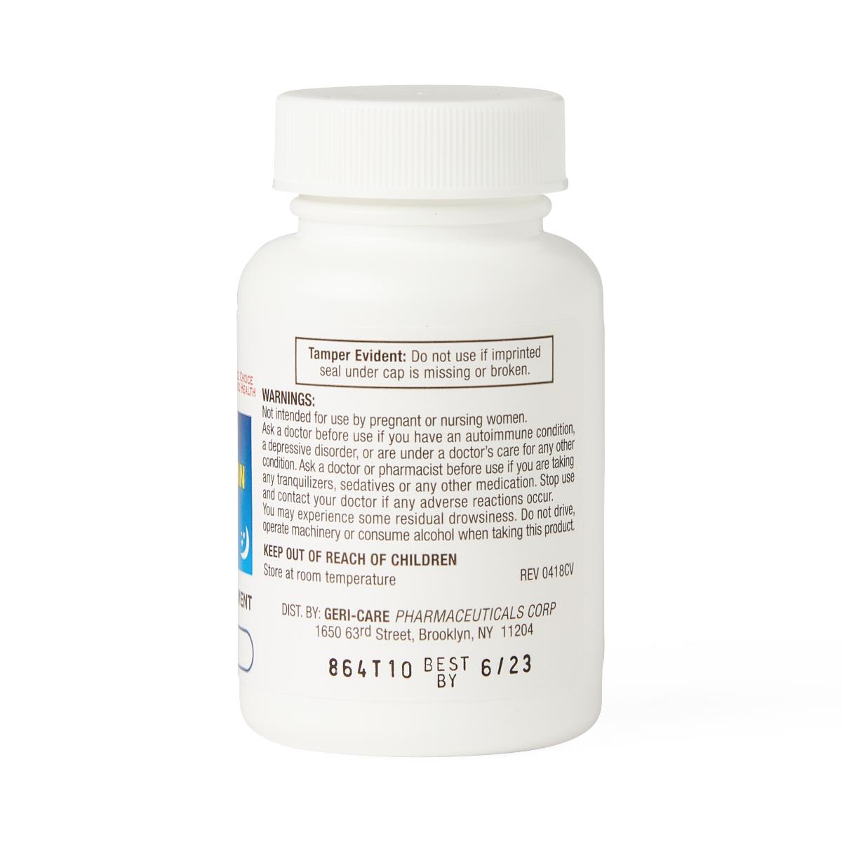 Melatonin tablets in a small white plastic bottle showing the back label with warnings and distributor information