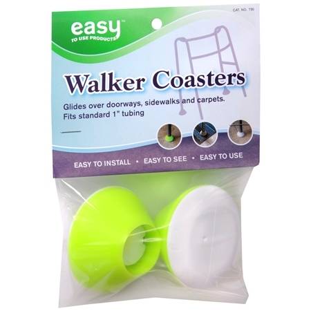 Walker coasters in yellow-green and white packaged in a clear bag with labeled card showing walker graphic and usage photos