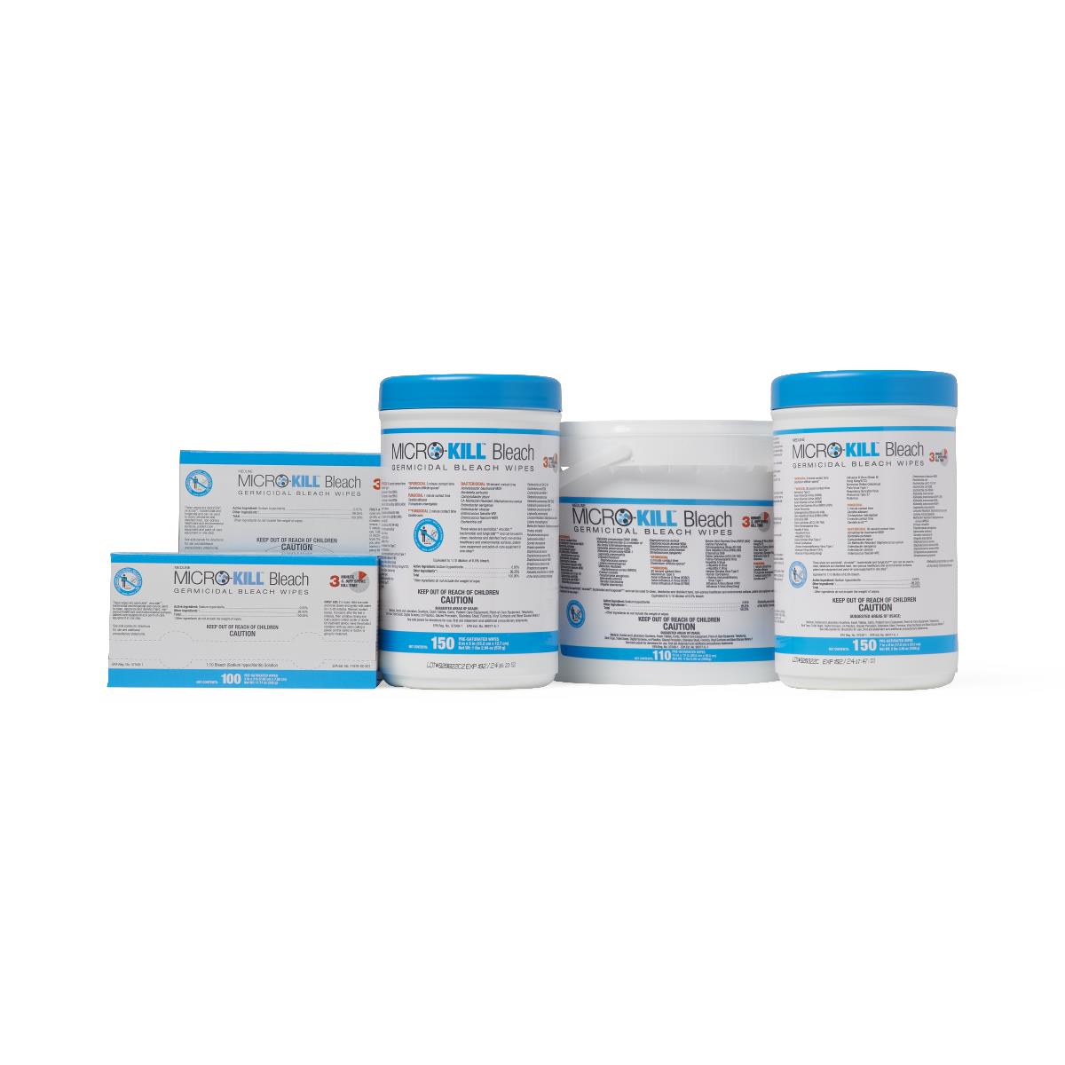 Micro-Kill Bleach germicidal wipes displayed in two flat boxes and three white canisters with blue lids on white background