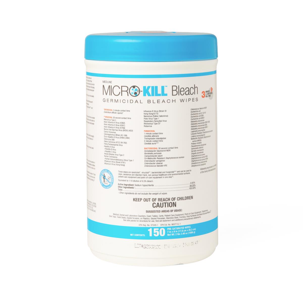 Canister of Micro-Kill germicidal bleach wipes with blue lid, containing 150 pre-saturated wipes, on white background