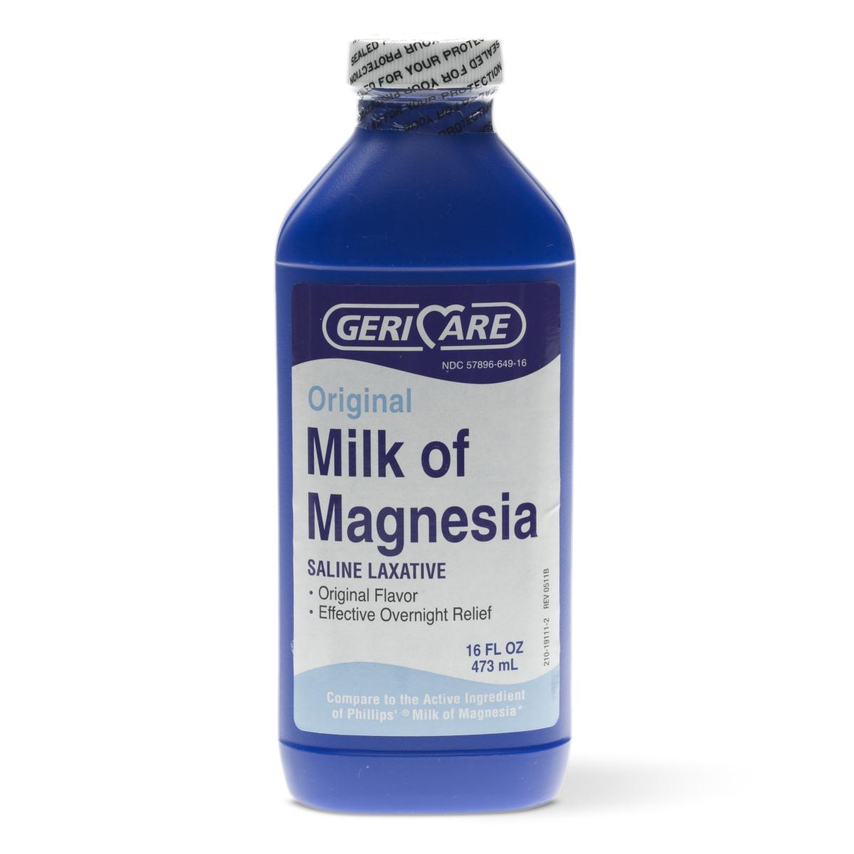 Milk of Magnesia saline laxative in a blue 16 fl oz bottle with white label, sealed cap, original flavor