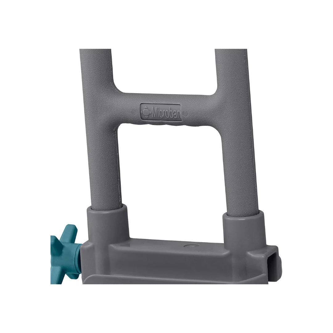 Bathtub grab bar handle grip closeup showing gray molded plastic crossbar with Microban label and teal adjustment knob