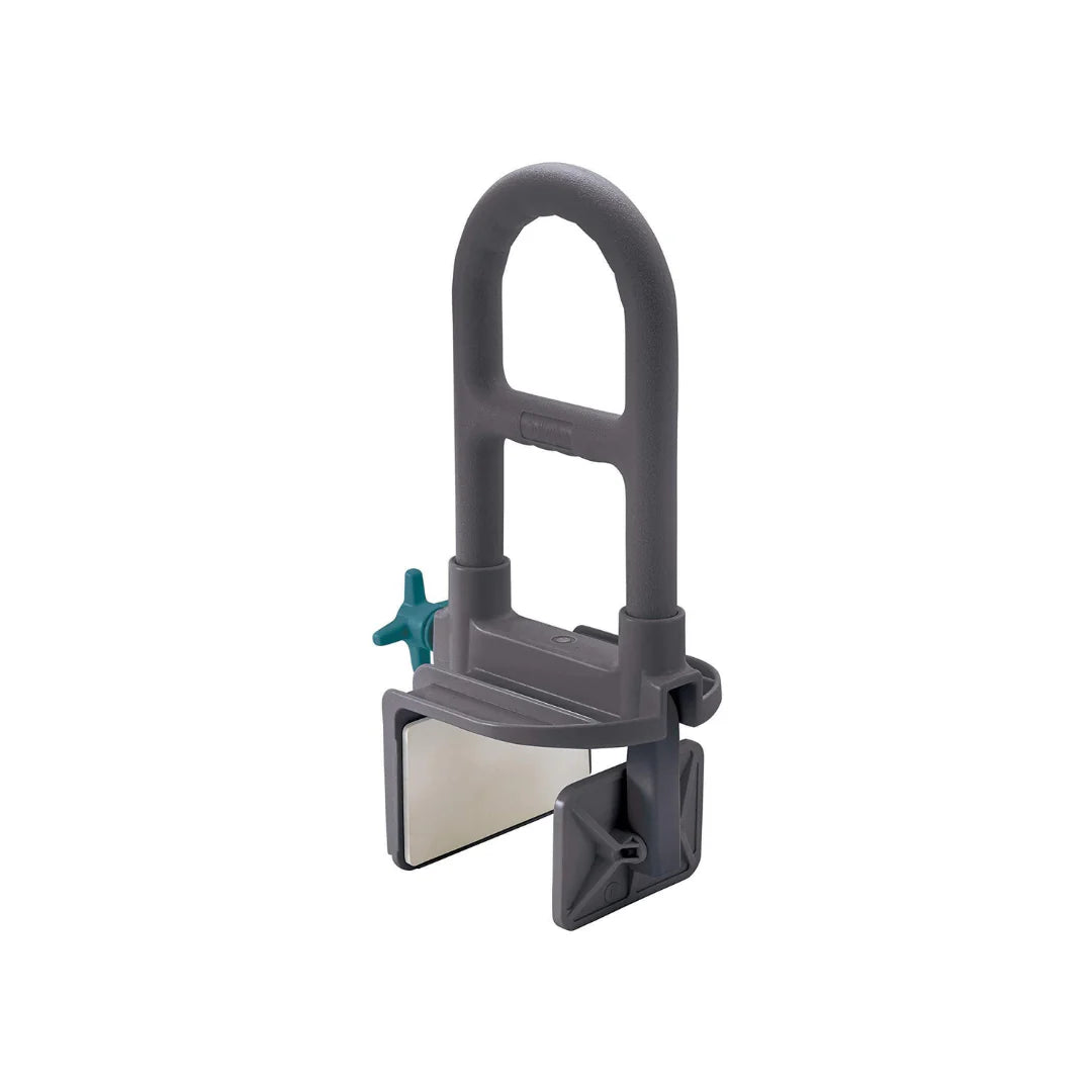 Bathtub grab bar in gray with arched handle, teal tightening knob, and clamp-style base for tub wall attachment