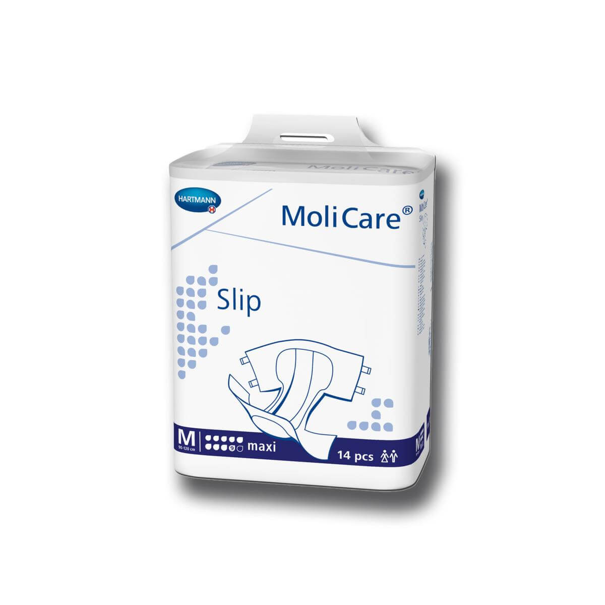 Adult brief package of MoliCare Slip Maxi in size medium, white and navy packaging containing 14 pieces