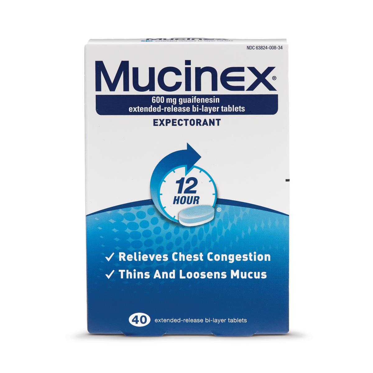 Mucinex 600mg guaifenesin extended-release bi-layer expectorant tablets, 40-count white and blue box
