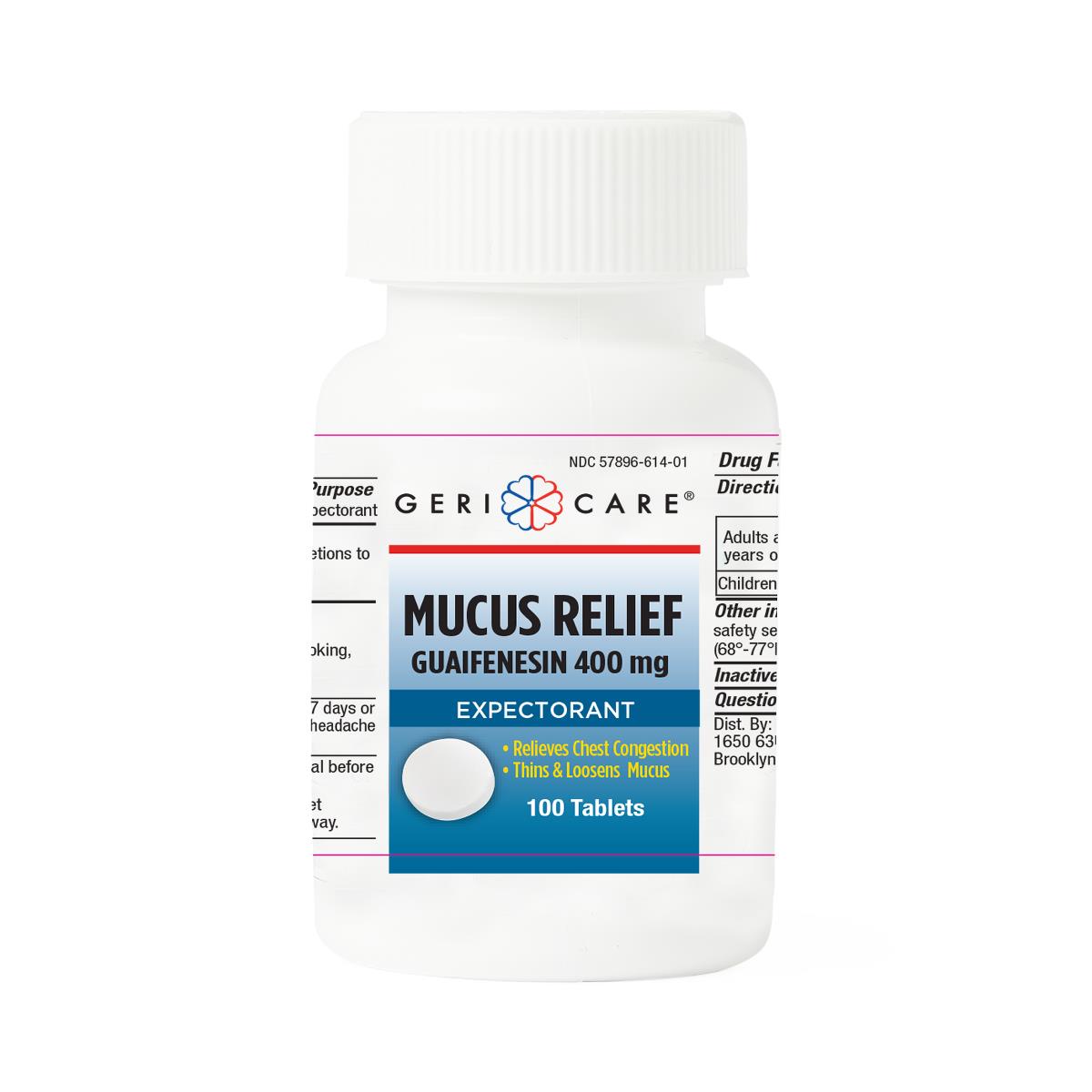 Guaifenesin 400mg expectorant tablets in a white plastic bottle with child-resistant cap, 100 count, Geri-Care brand