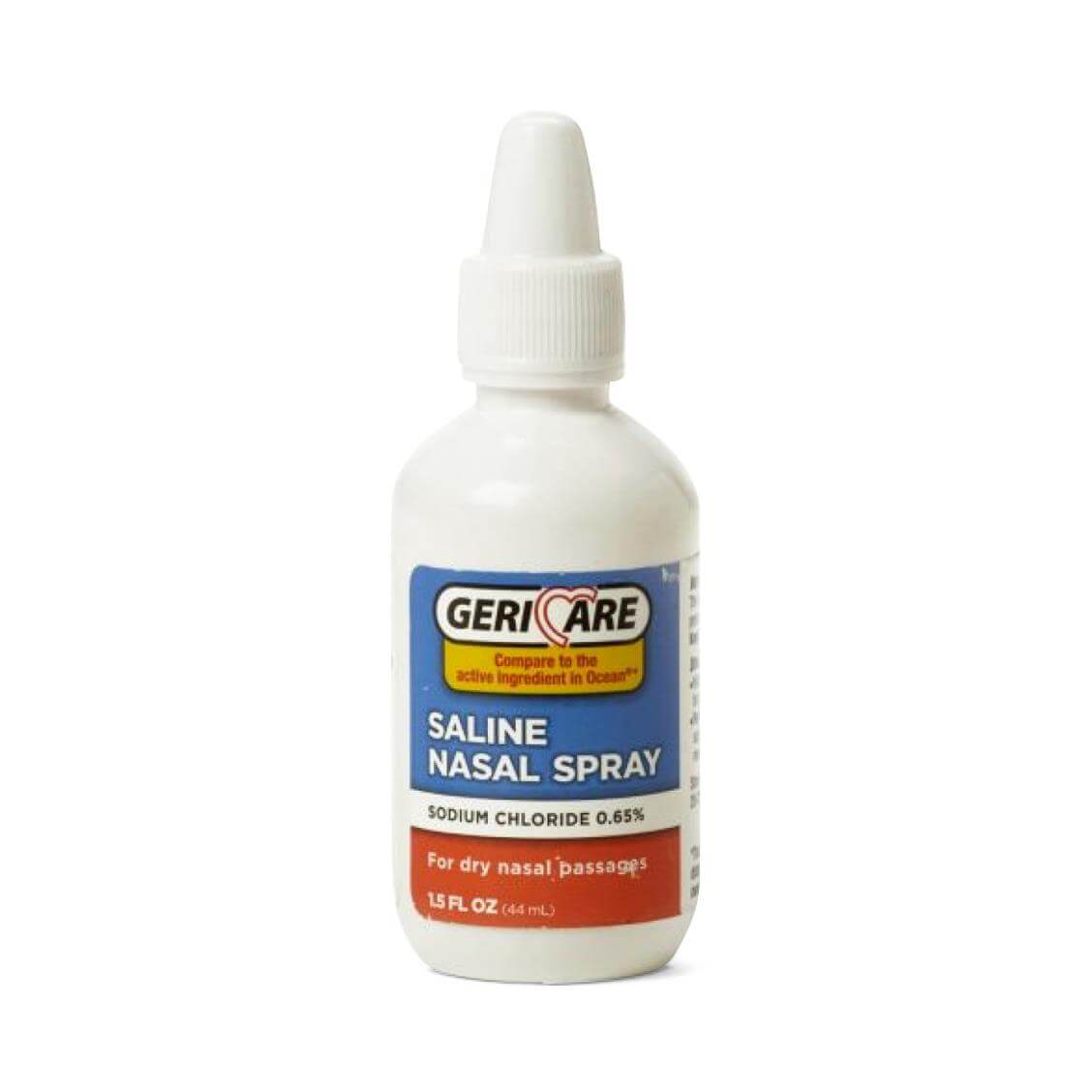 Saline nasal spray bottle with pointed tip, labeled Geri-Care sodium chloride 0.65%, 1.5 fl oz