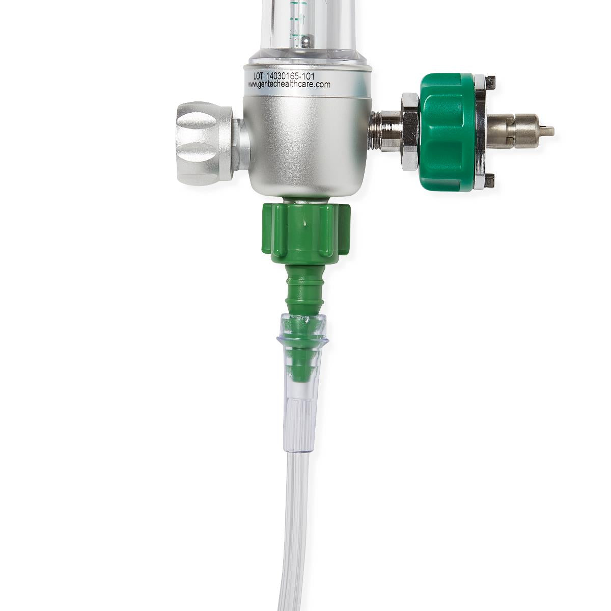 Oxygen flowmeter regulator with green fittings and clear tubing attached, shown on white background