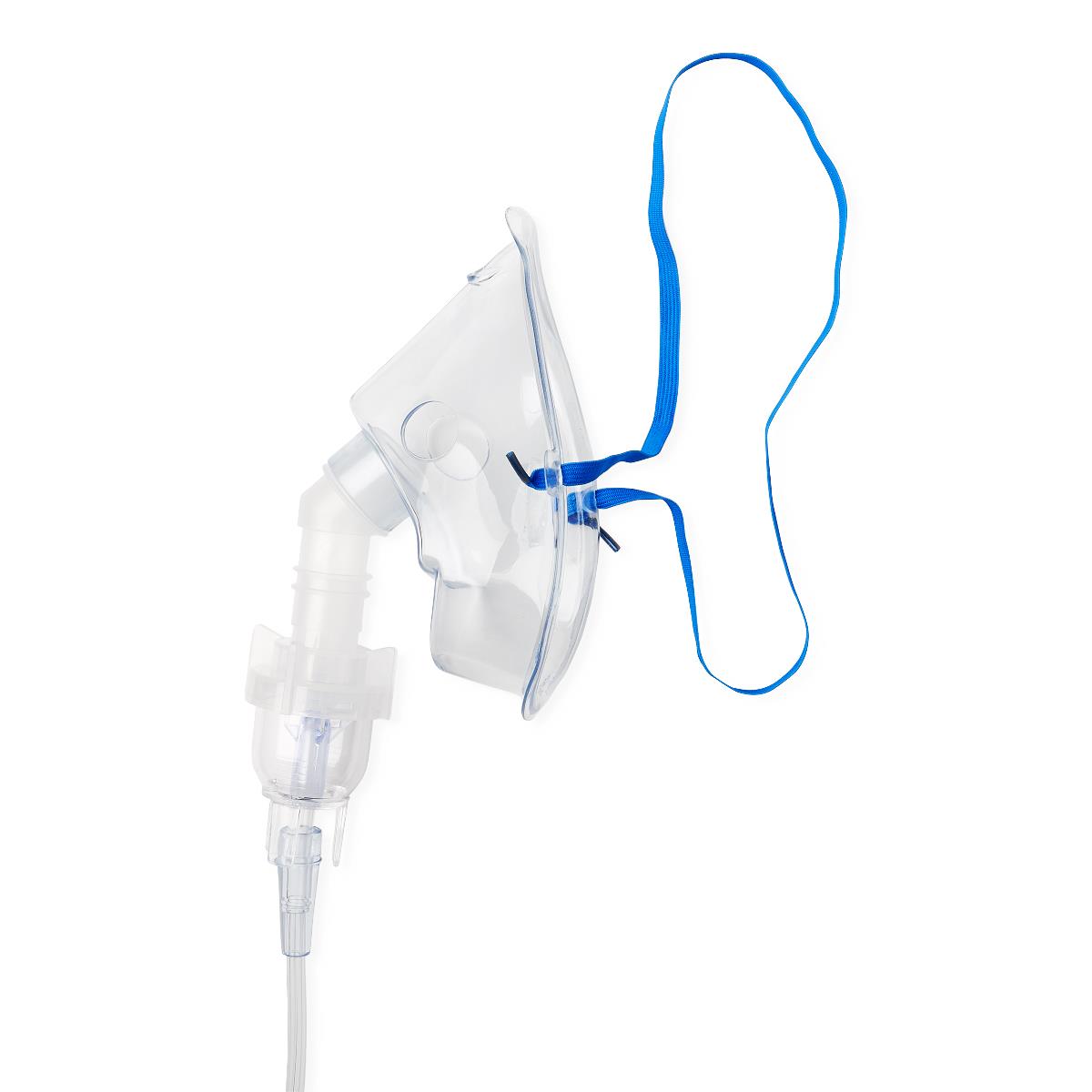 Nebulizer kit with clear adult face mask, blue elastic head strap, medication cup, and connected tubing on white background
