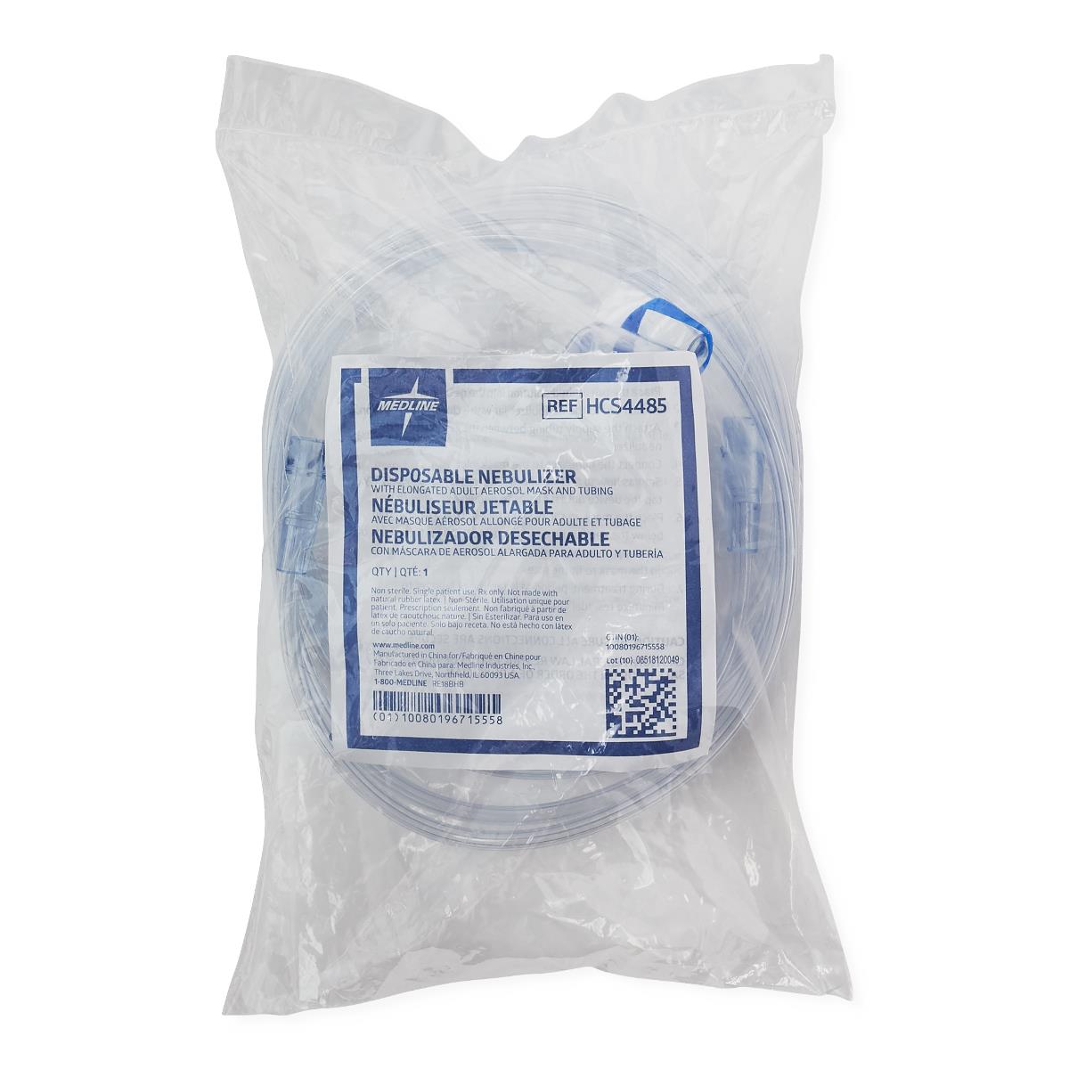Disposable nebulizer kit with adult aerosol mask and tubing, sealed in clear plastic packaging with blue label