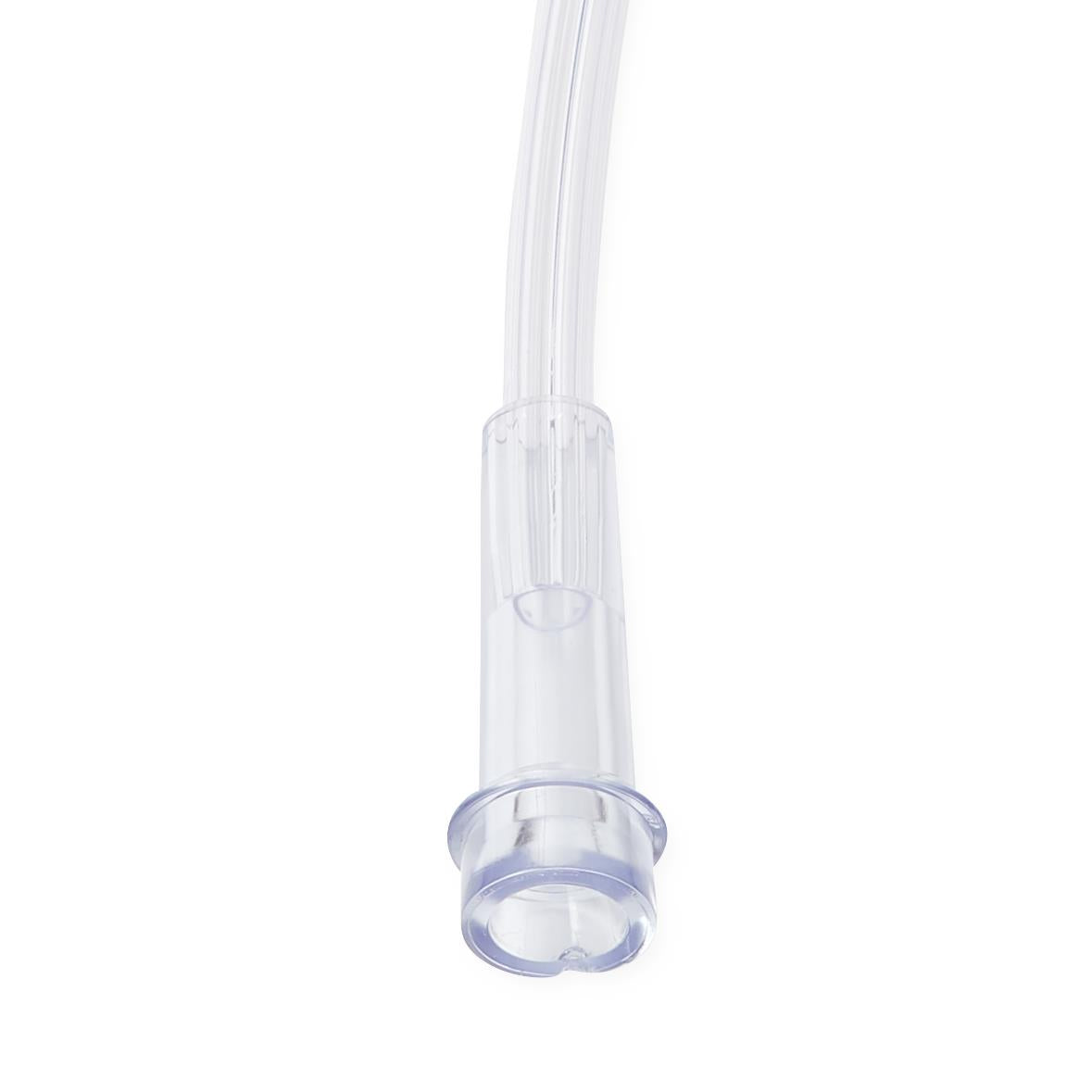 Nebulizer kit mouthpiece connector showing clear plastic tubing and ribbed coupling end on white background