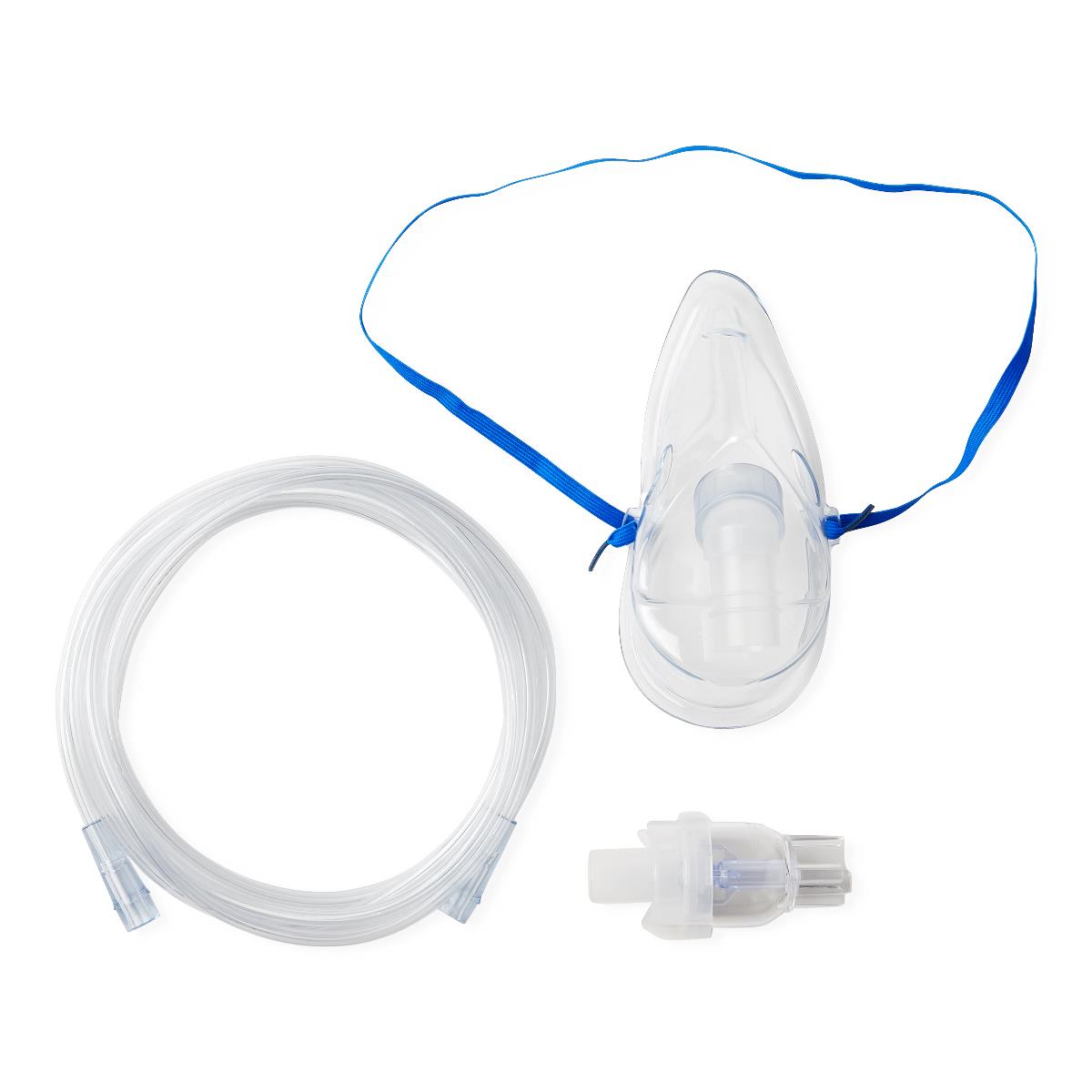 Nebulizer kit with adult face mask, blue elastic strap, clear tubing, and mouthpiece connector on white background