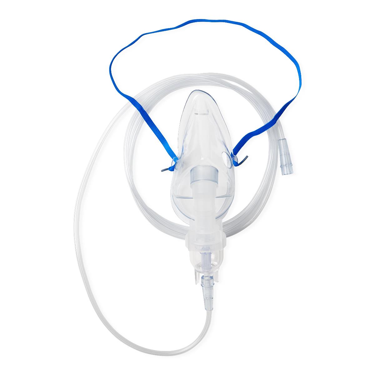 Disposable adult nebulizer kit with clear mask, blue elastic head strap, and clear tubing on white background