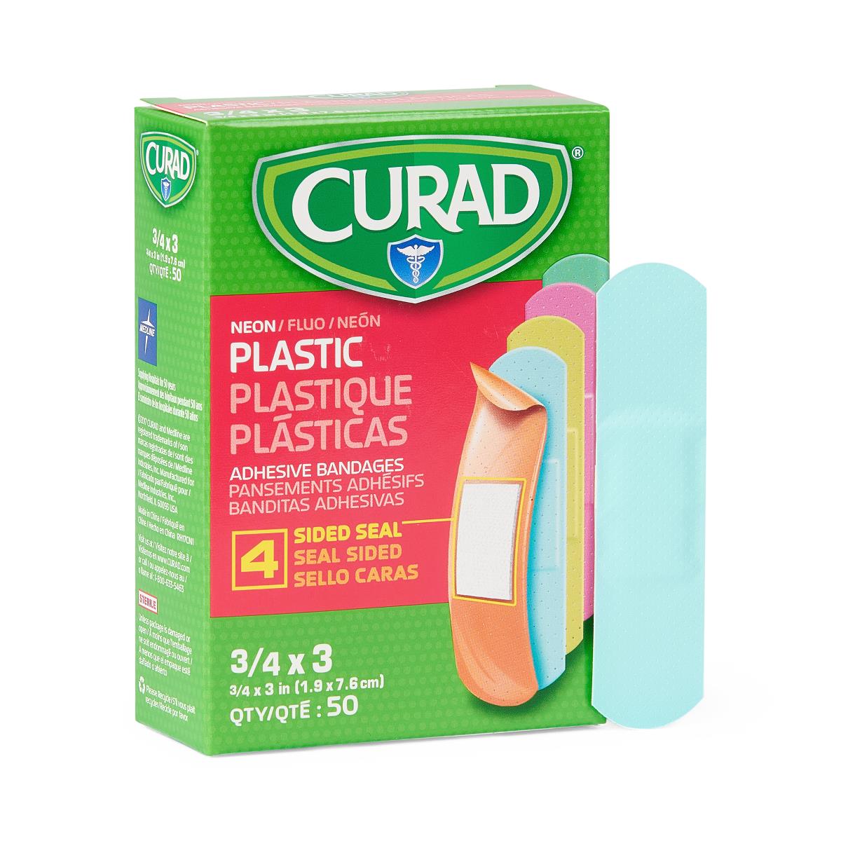 Curad Neon Plastic Adhesive Bandages box with colorful orange, pink, yellow, and blue bandages, qty 50, 3/4 x 3 inches
