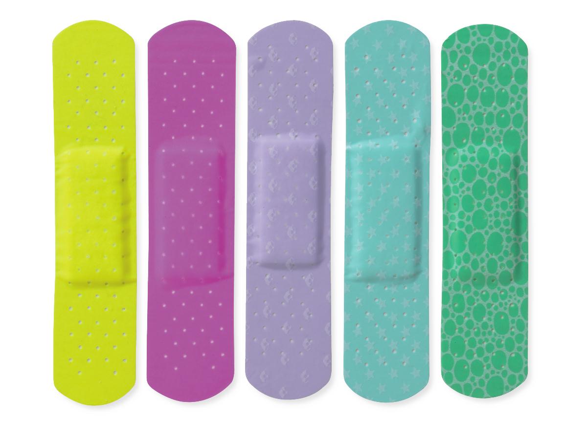 Adhesive bandages in five colors: neon yellow, pink, lavender, teal, and patterned green, displayed in a row