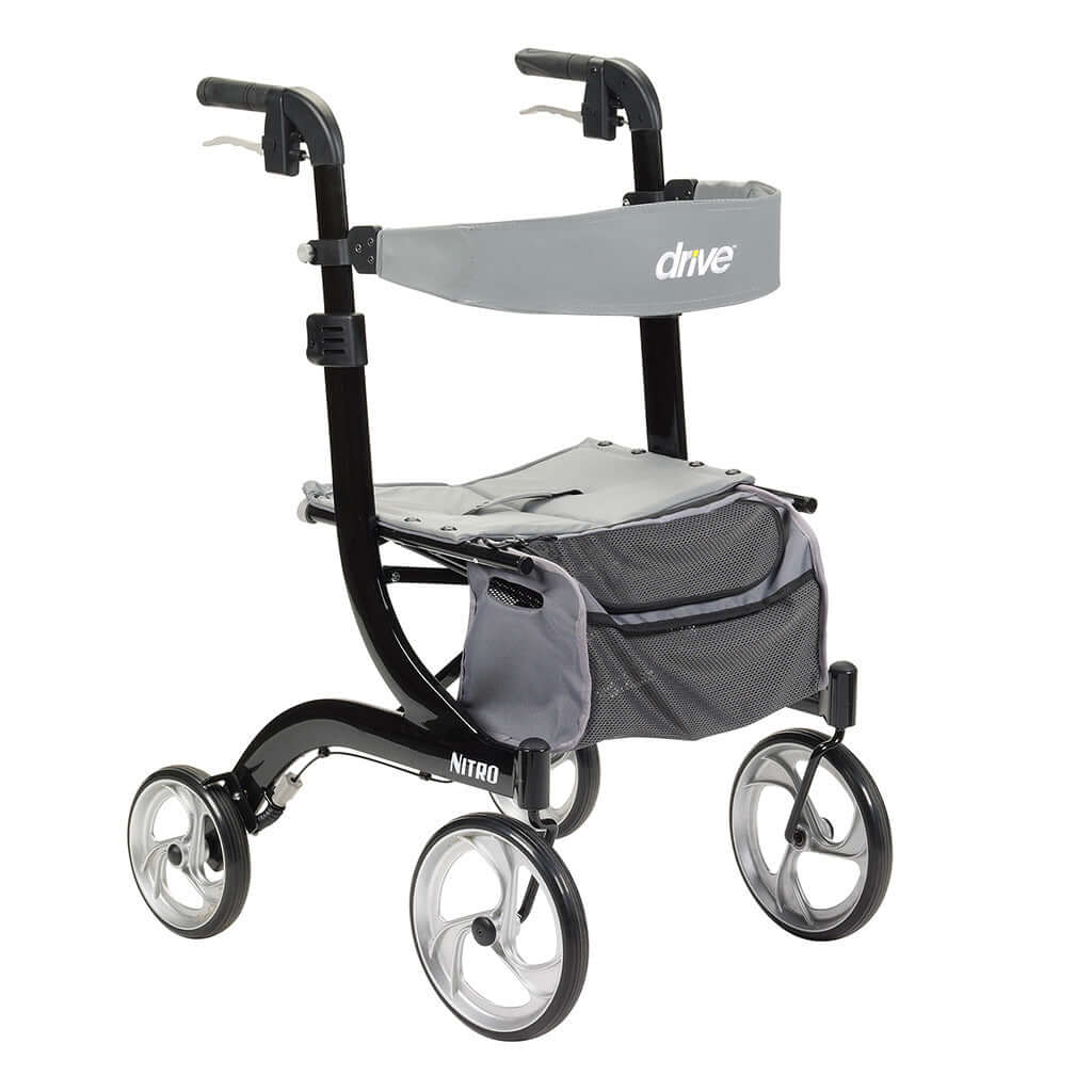 Rollator walker with black frame, gray padded seat and backrest, hand brakes, large spoke wheels, and under-seat storage bag
