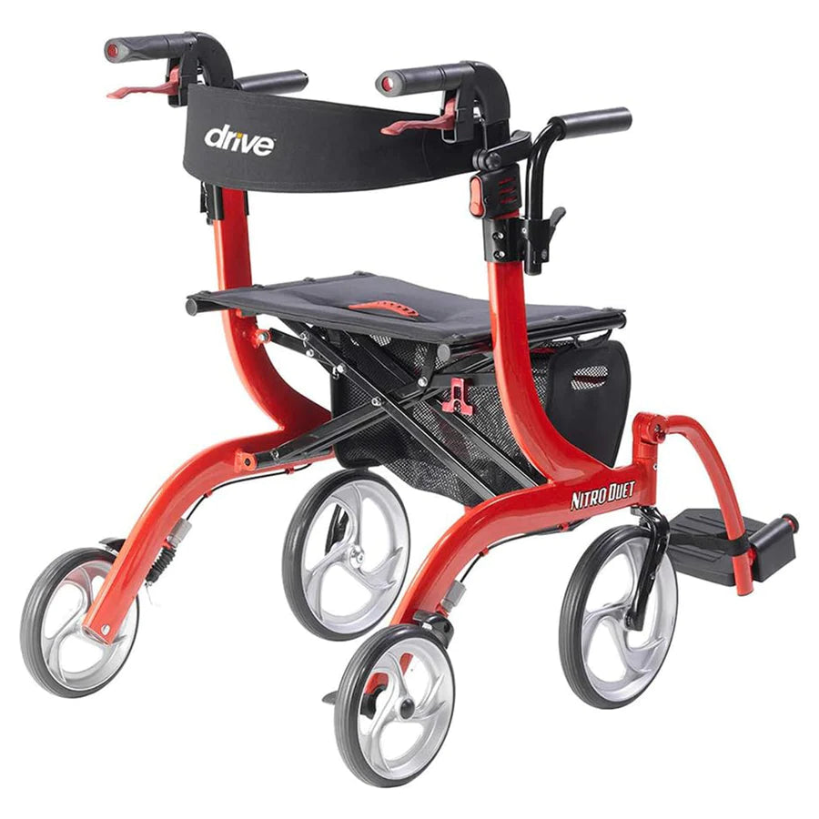 Rollator walker and transport chair combo in red with black seat, backrest, hand brakes, storage bag, and large spoke wheels