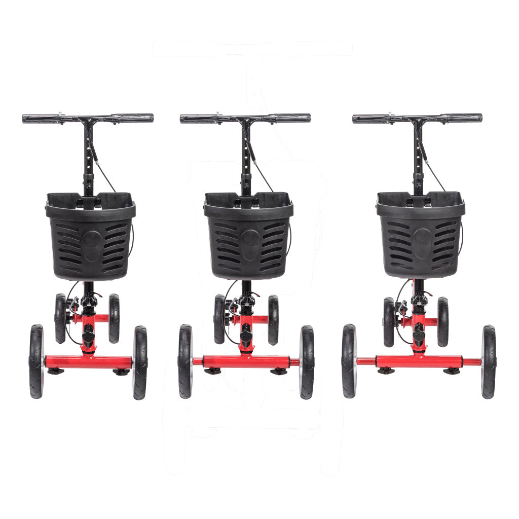 Knee walker with red frame, four wheels, black basket, and adjustable handlebars shown from three angles on white background