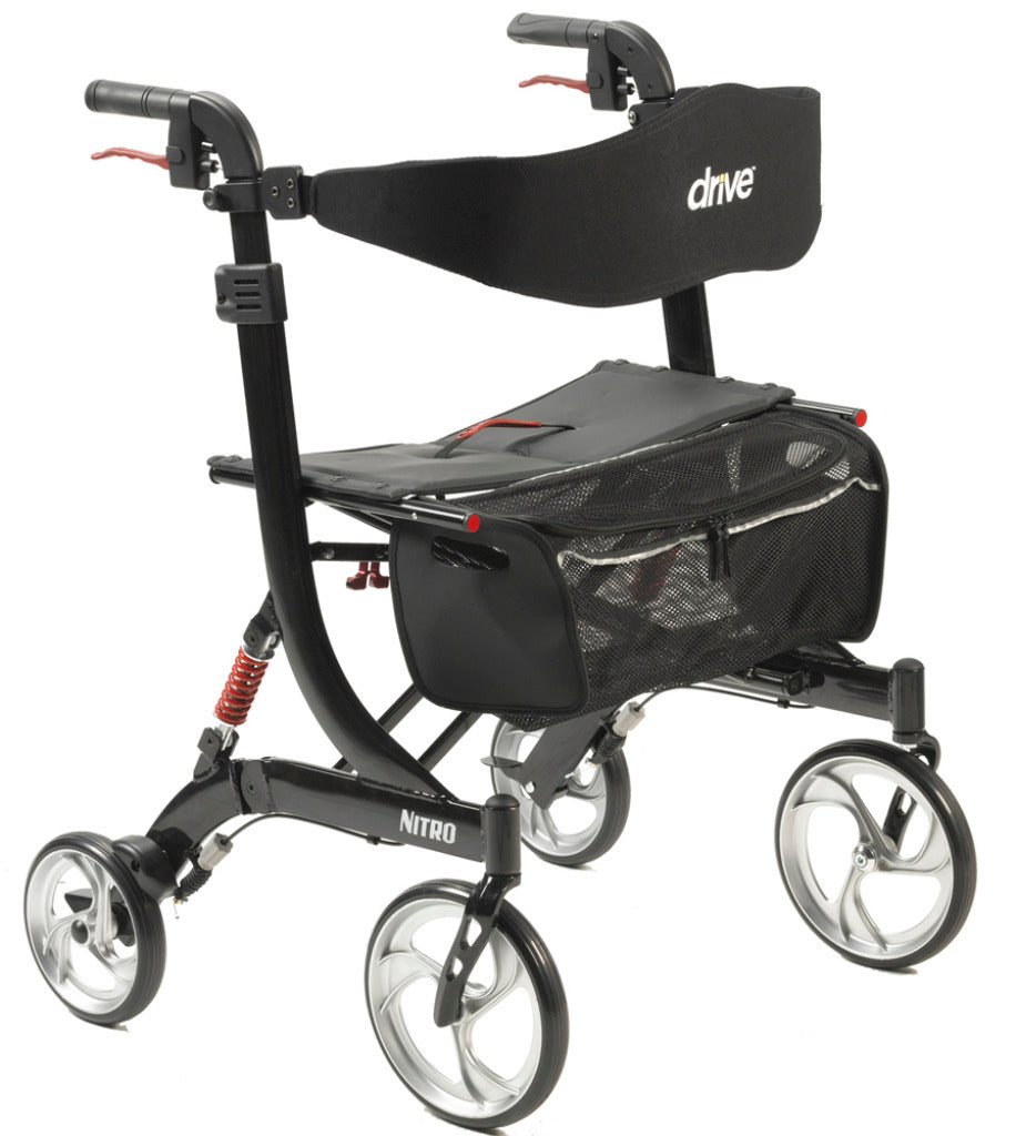 Drive Nitro HD rollator in black with large spoke wheels, padded seat, backrest, hand brakes, and front storage bag