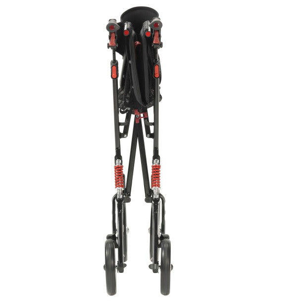 Nitro HD rollator folded flat, showing black frame with red accents, coil spring legs, and four wheels from front view
