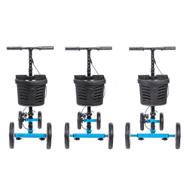 Knee walker with blue frame, black storage basket, four wheels, and T-bar handlebars shown in three front-facing views