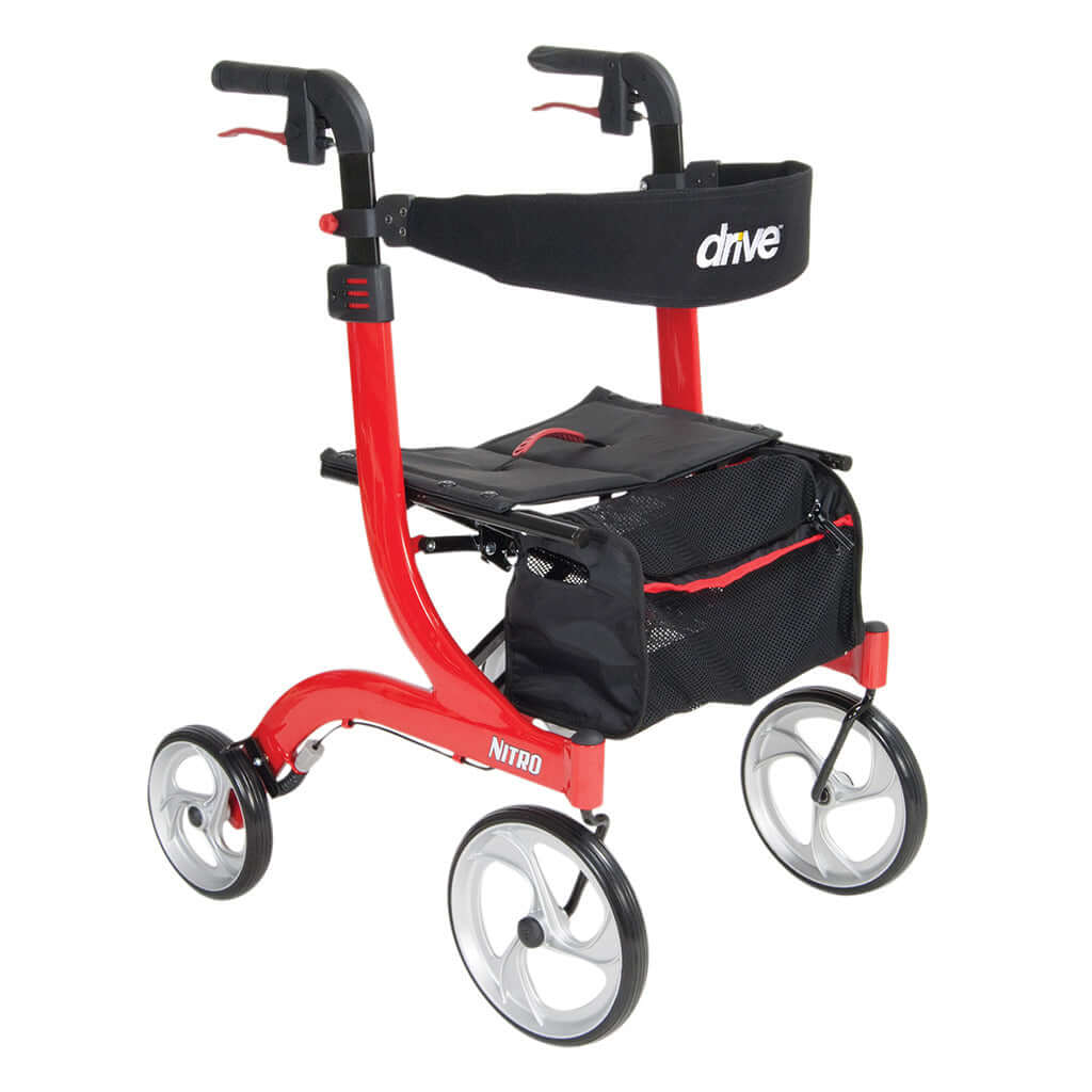 Rollator walker with red aluminum frame, padded seat, backrest, loop brakes, under-seat bag, and large spoke wheels
