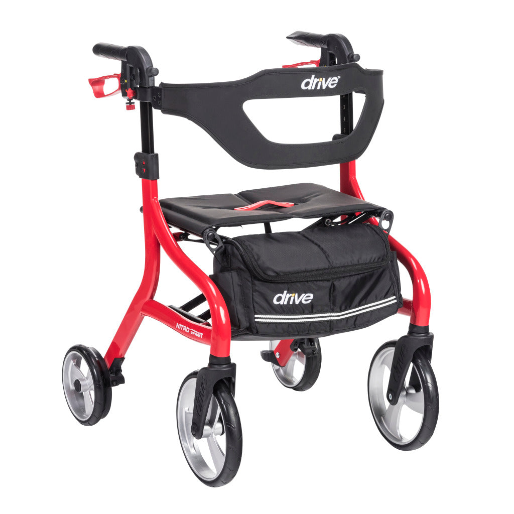 Drive Nitro Sprint rollator walker in red with black padded seat, backrest, storage bag, and large wheels