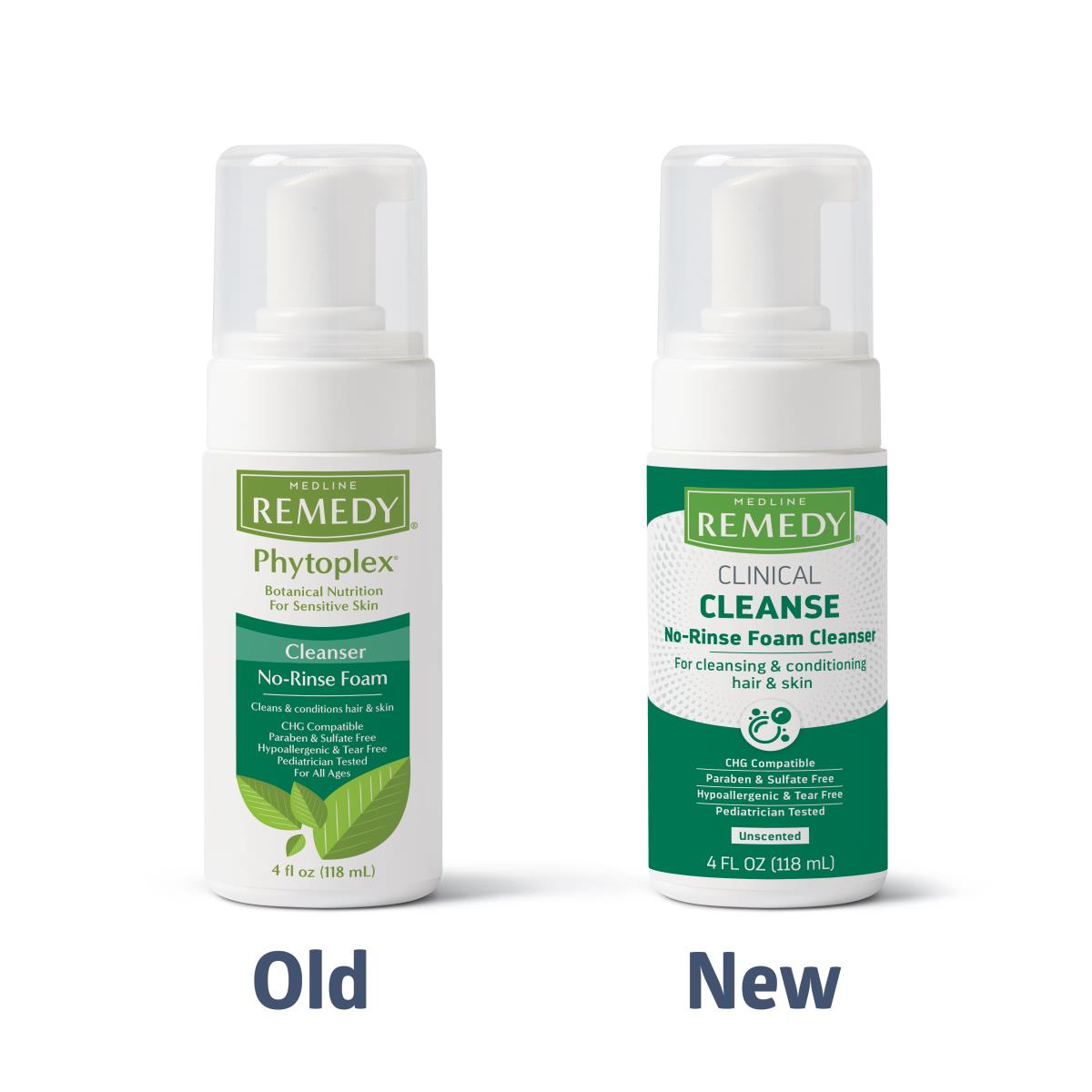 No-rinse foam cleanser pump bottles showing old Phytoplex and new Clinical Cleanse packaging side by side, 4 fl oz each