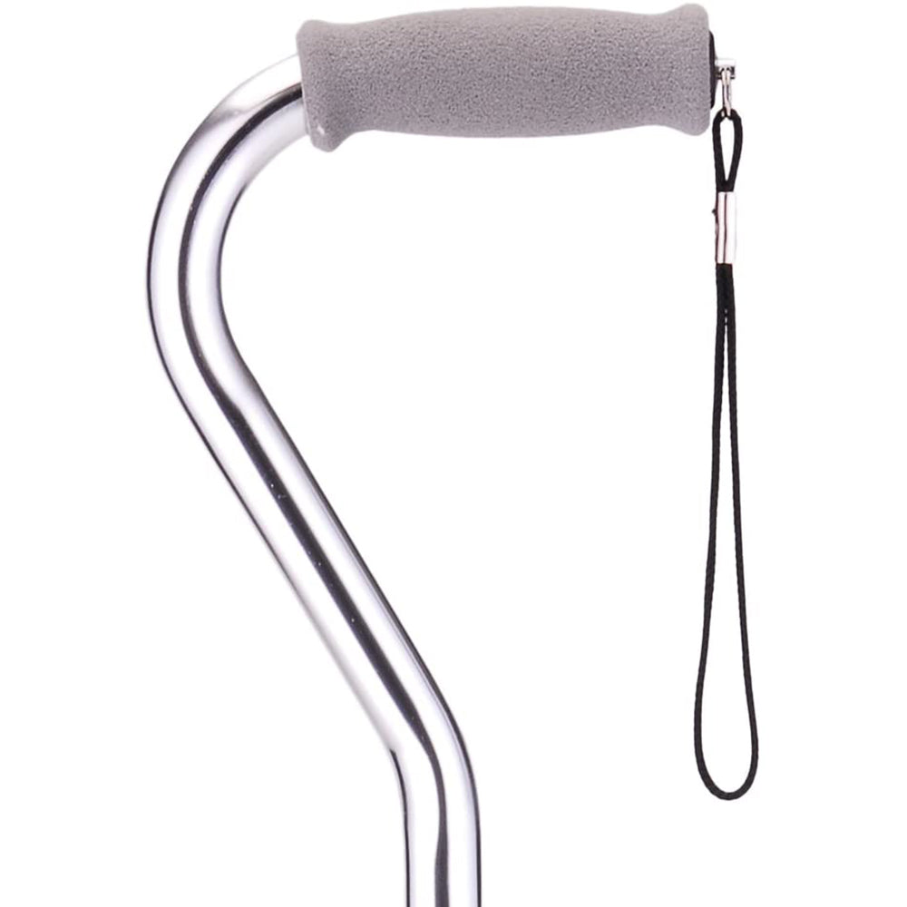 Offset cane handle close-up showing gray foam grip, chrome shaft, and black wrist strap on white background
