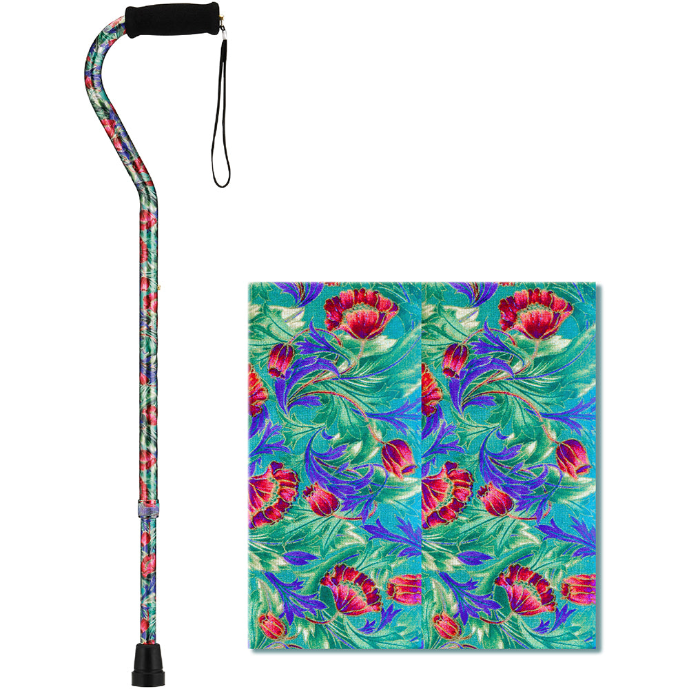 Offset walking cane with black foam handle and wrist strap, covered in a teal and red floral pattern, with close-up of print