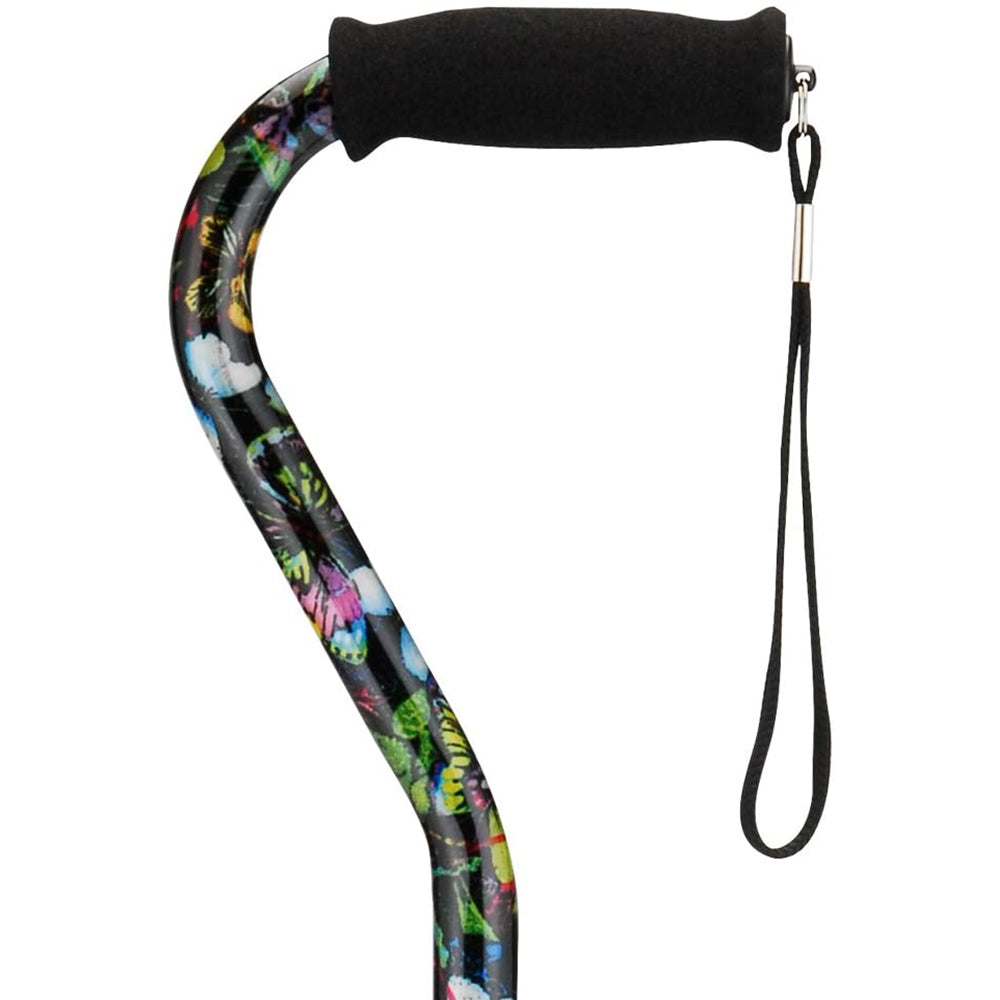 Offset cane with black foam grip and wrist strap, featuring a colorful butterfly and floral print on a black shaft