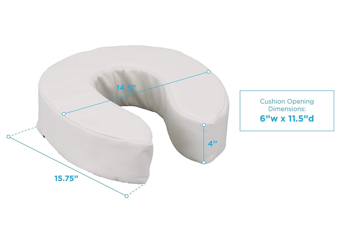Padded raised toilet seat cushion in white vinyl shown with labeled dimensions: 15.75" long, 14.5" wide, 4" tall, opening