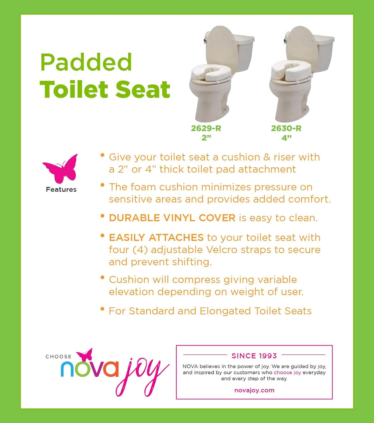 Padded raised toilet seat cushion shown in 2-inch and 4-inch height options installed on standard toilets, with product
