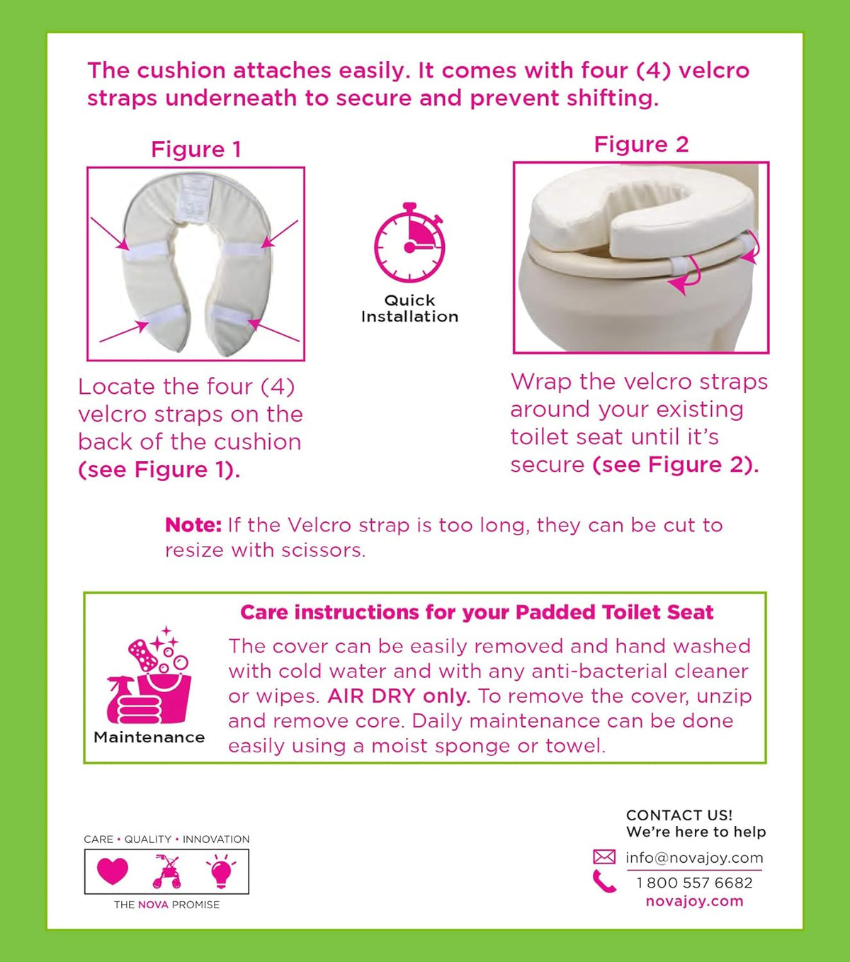 Padded toilet seat cushion installation guide showing four velcro straps on underside and cushion secured to toilet seat