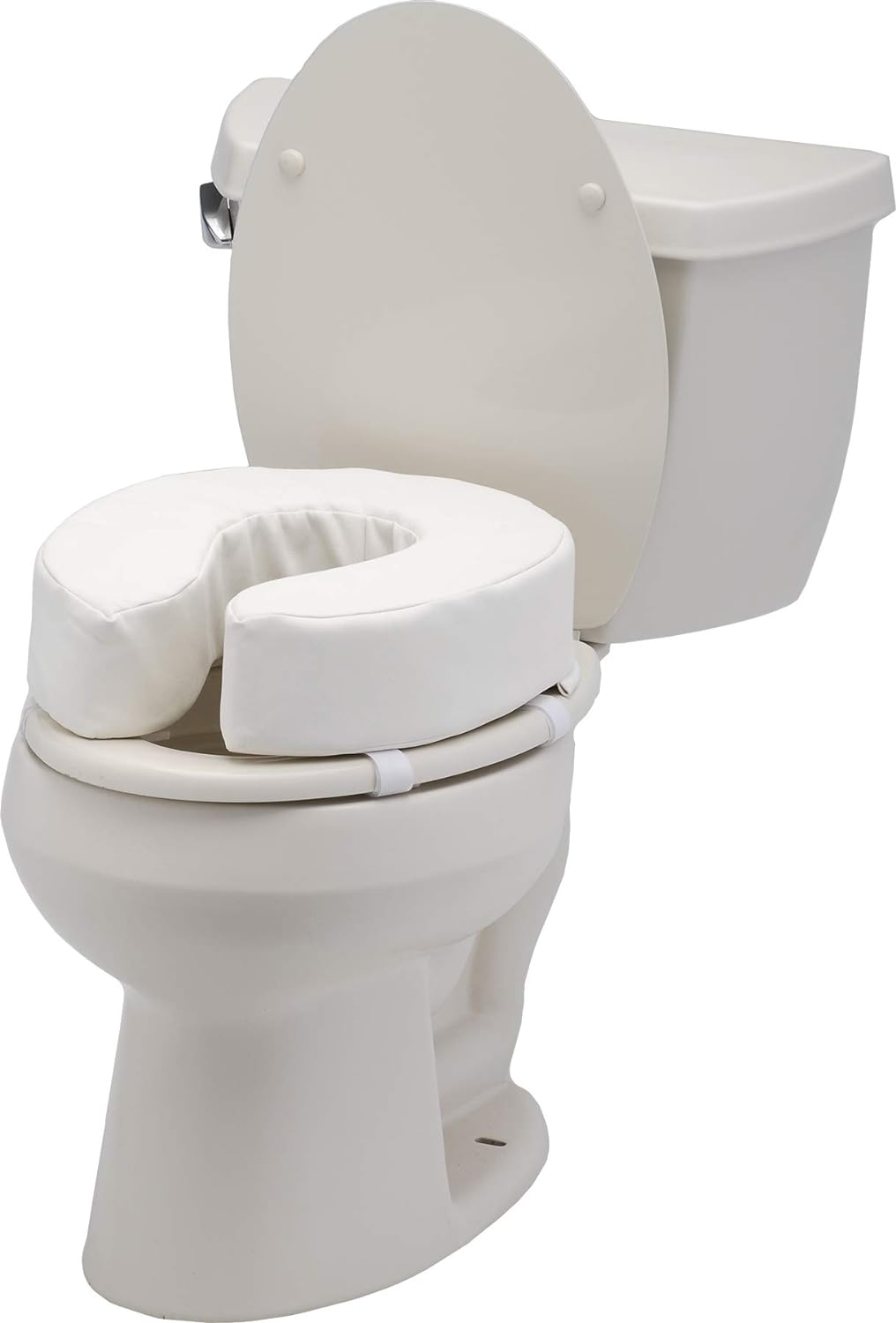 Padded raised toilet seat cushion in white vinyl secured to a standard toilet with a strap attachment