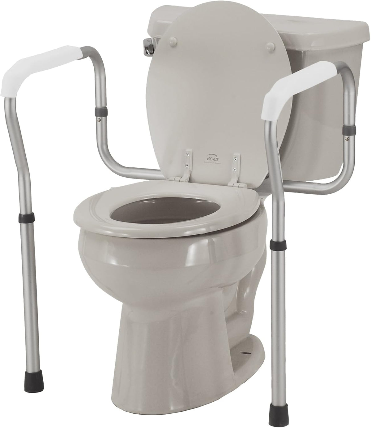 Toilet safety rail with adjustable aluminum frame and padded armrests installed on a standard toilet
