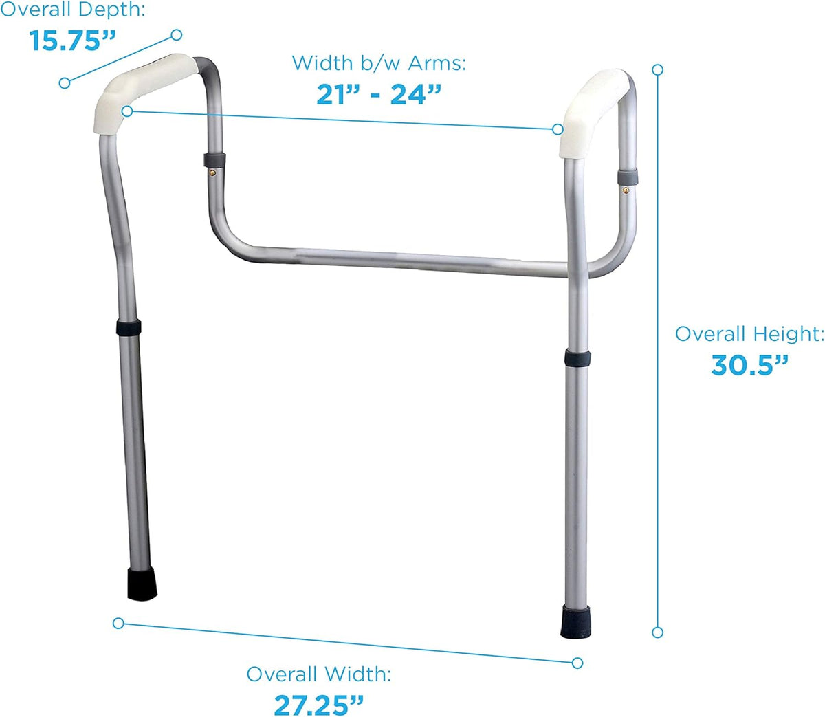 Toilet safety rail with silver aluminum frame and white padded armrests, shown with dimension callouts on white background