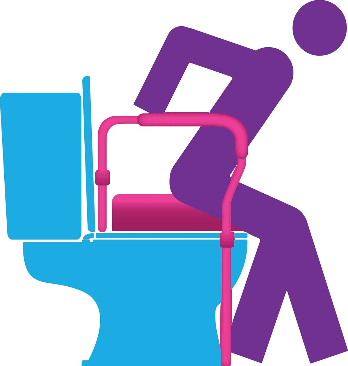 Toilet safety rail illustration showing a person using grab bars mounted on a toilet to assist with sitting and standing
